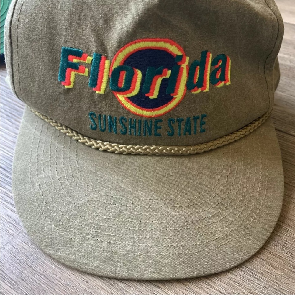 Vintage 80s 90s Neon Khaki Snapback Hat Florida Sunshine State Trucker